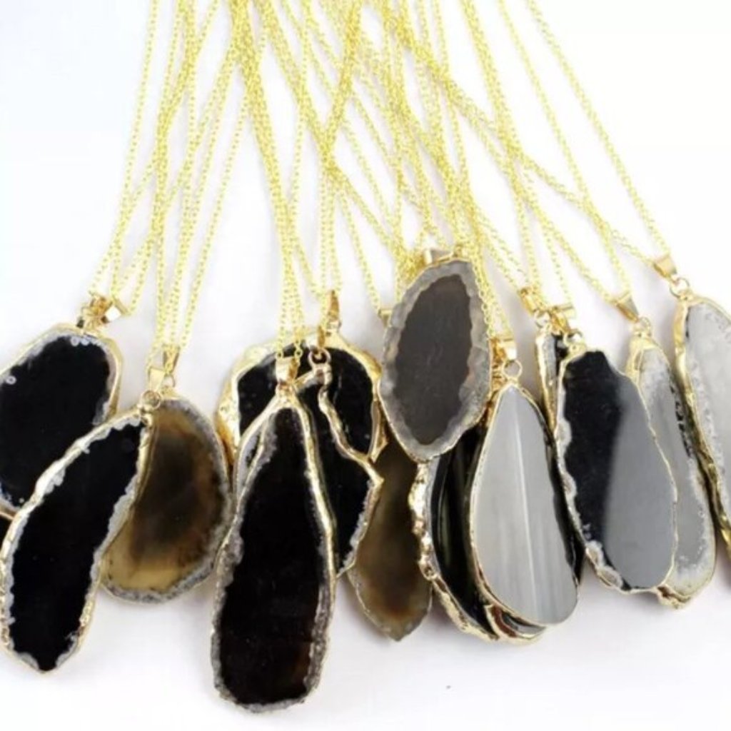 Black Agate Slice Charm Necklace W/ Gold Tone Trim, Agate Rock, Healing Gemstone